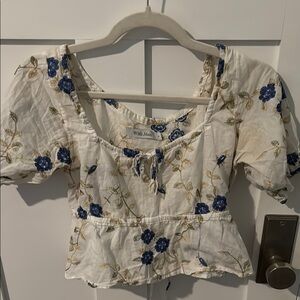 With Jean Floral Embroidered Women's Top - White and Blue